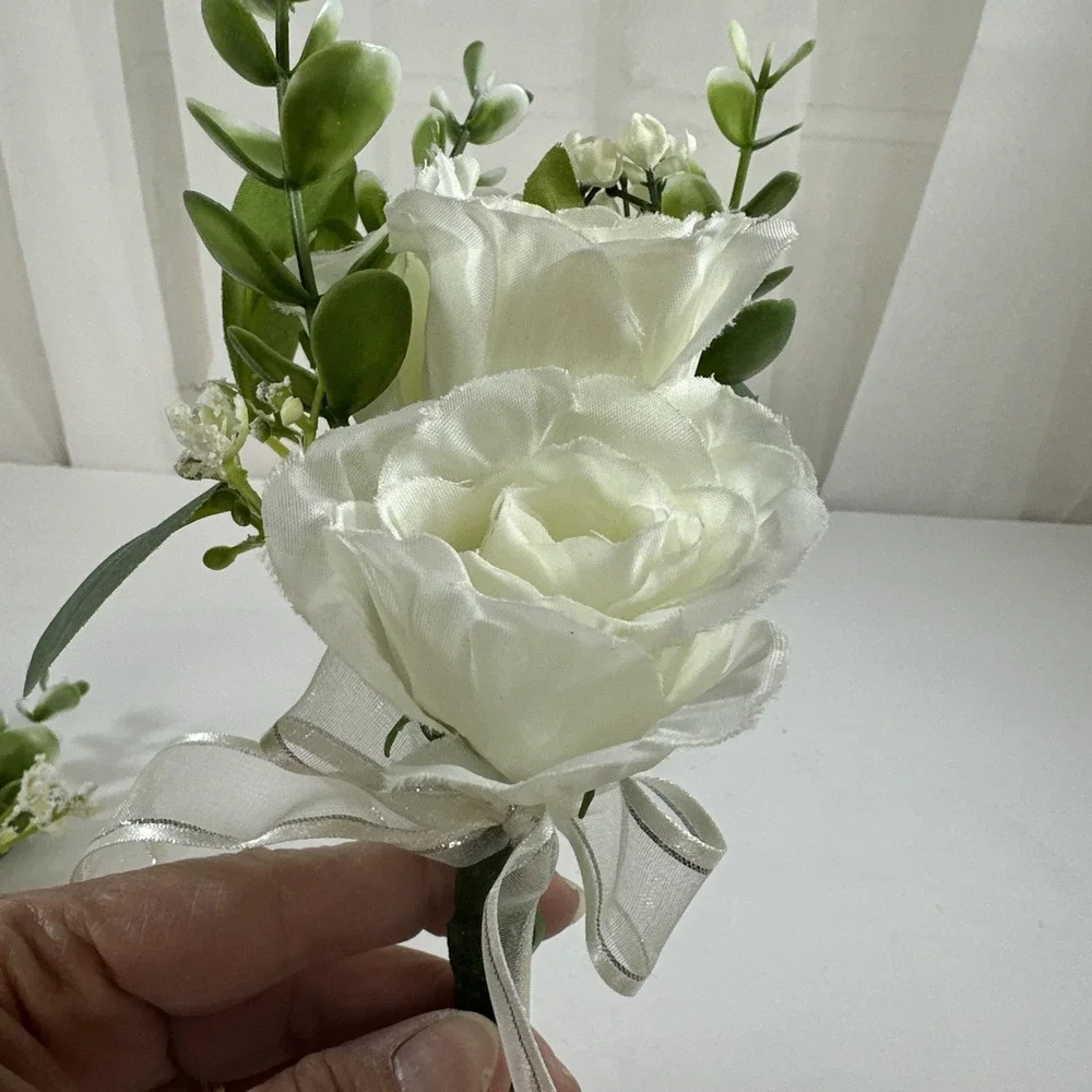 Corsage and Boutonniere Set Cream Ivory Roses Baby's Breath Greenery Handmade